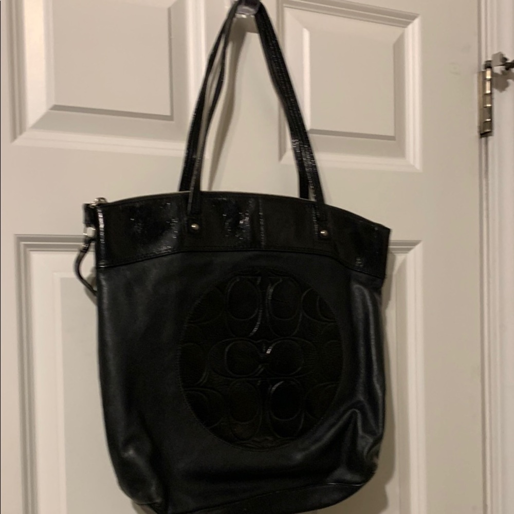 Coach Black Leather Tote Bag with Glossy Finish